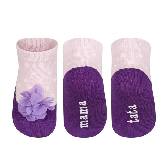 Ballerines chaussettes bébé violet SOXO avec inscription en pointillés