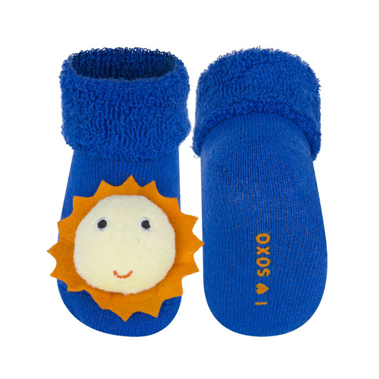 Chaussettes bébé bleu SOXO avec un hochet soleil 3D