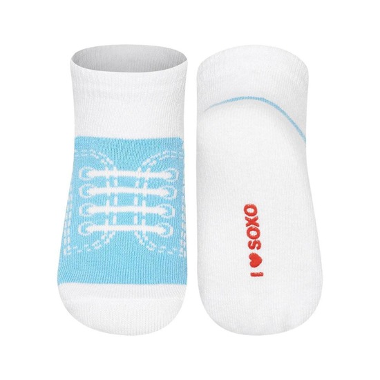 Chaussettes bébé bleu SOXO, baskets avec inscriptions