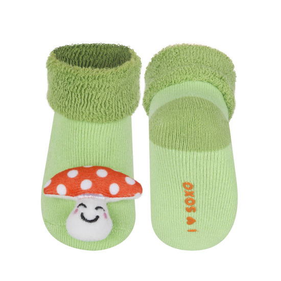 Chaussettes bébé vertes SOXO avec hochet champignon 3D