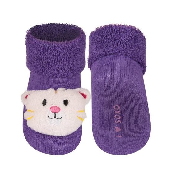 Chaussettes bébé violet SOXO avec un chaton 3D à cliquet