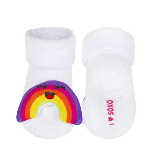 Chaussettes blanches SOXO pour bébé avec un hochet arc-en-ciel 3D