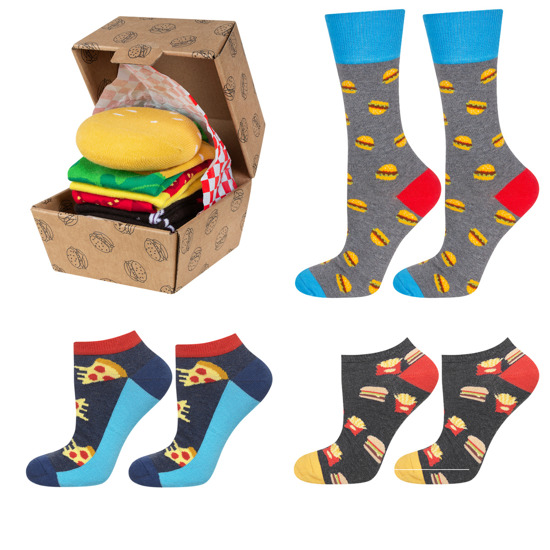 Ensemble de 4 chaussettes colorées SOXO Hamburger dans une boîte à pizza