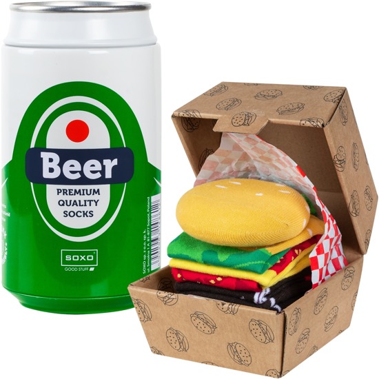 Lot de 2 chaussettes colorées SOXO Hamburger dans une boîte et une canette de bière