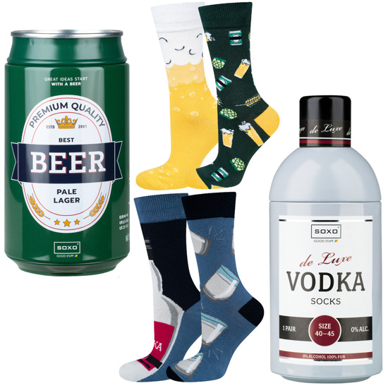 Lot de 2 chaussettes colorées pour hommes SOXO GOOD STUFF Vodka dans une bouteille et bière dans une canette en coton amusant