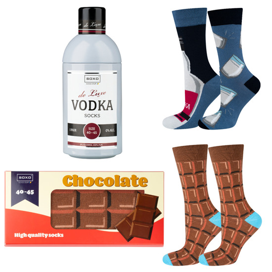 Lot de 2x Chaussettes SOXO Vodka colorées dans une boite et chocolat