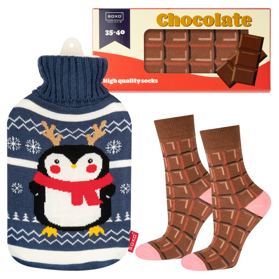 Lot de chaussettes femme SOXO tablette de chocolat et pingouin bouillotte de Noël | cadeau de Noël