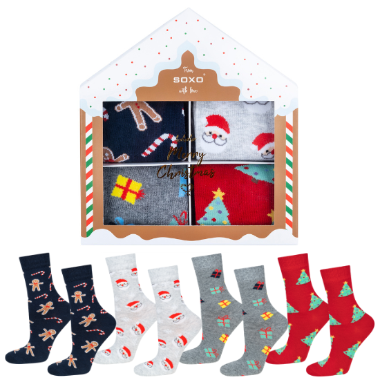 Set 4x chaussettes colorées pour femmes SOXO GOOD STUFF joyeux Noël cadeau chaussettes en coton