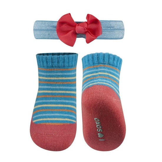 Un ensemble de chaussettes bébé SOXO bleues avec un bandeau