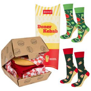 3 x SOXO Chaussettes pour hommes | Hamburger dans une boîte | Kebab dans une boîte | cadeau drôle pour lui