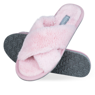 Chaussons femme SOXO roses en fourrure avec semelle dure en TPR