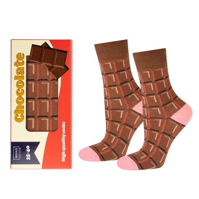 Lot de 2x chaussettes pour femmes SOXO de couleur hamburger dans une boîte et du chocolat