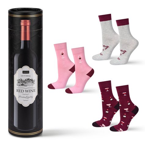 Lot de 3x chaussettes SOXO pour femmes, drôle de vin rouge, dans un tube cadeau 