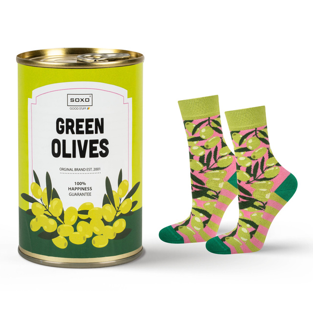 Drôle de chaussettes olives dans une boîte SOXO BON MARCHÉ pour un cadeau pour femme