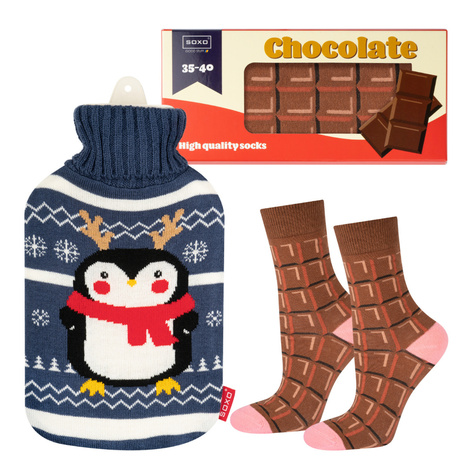 Lot de chaussettes femme SOXO tablette de chocolat et pingouin bouillotte de Noël | cadeau de Noël