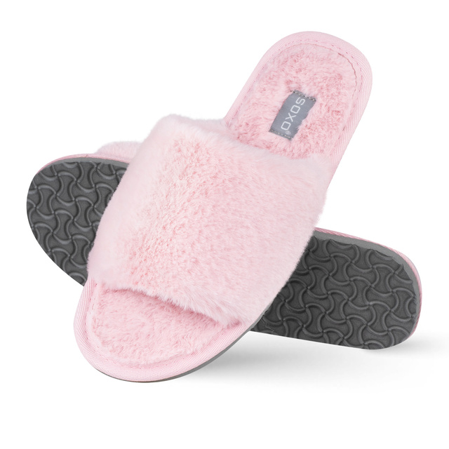 Chaussons femme SOXO roses en fourrure avec semelle dure en TPR