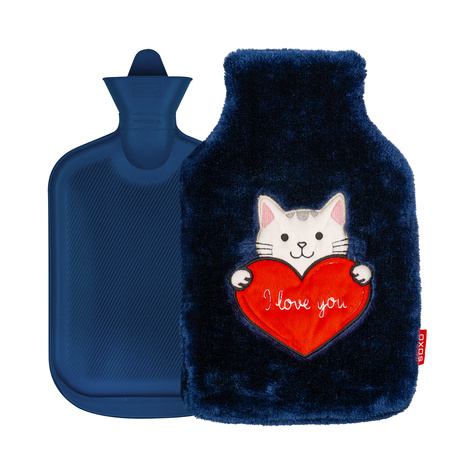 Bouillotte SOXO chaton avec coeur, bleu marine, 1,8 L