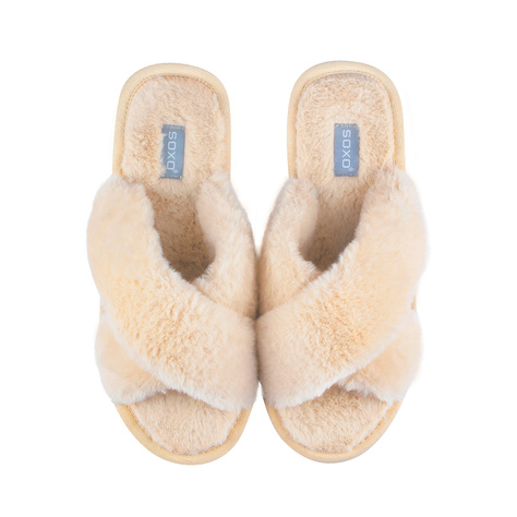 Pantoufles SOXO en fourrure beige pour femmes avec semelle dure en TPR