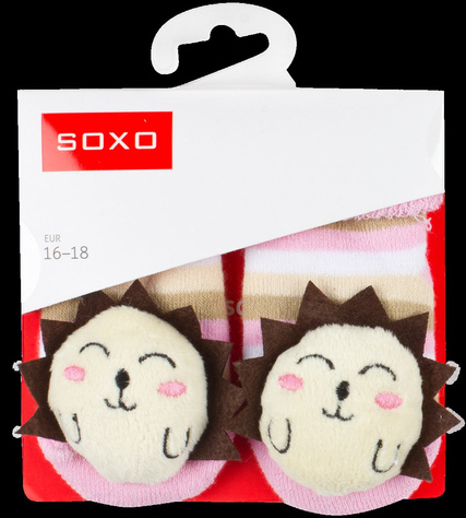 Chaussettes bébé SOXO rose avec hochet hérisson 3D