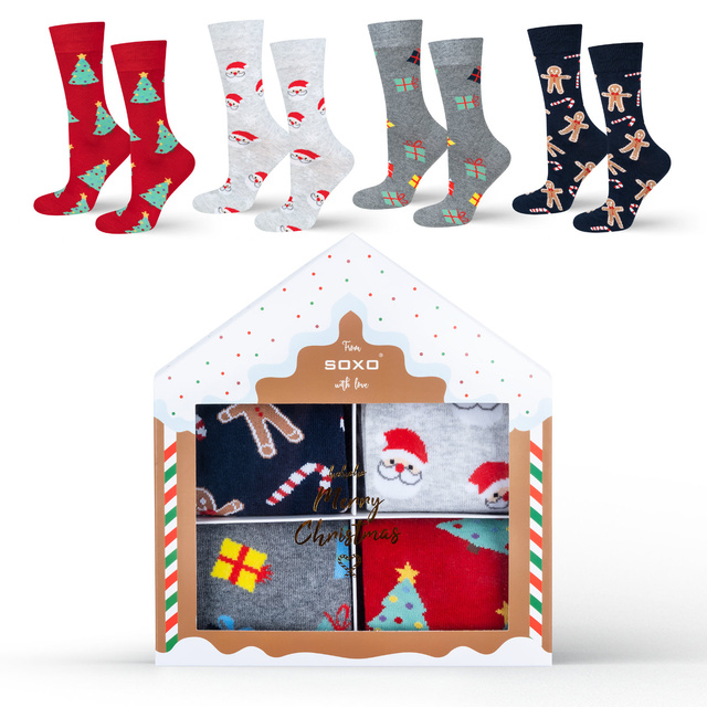 Set 4x chaussettes colorées pour hommes SOXO GOOD STUFF joyeux Noël cadeau chaussettes en coton