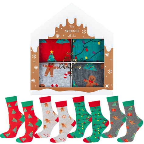 Set 4x SOXO GOOD STUFF chaussettes colorées pour femmes Joyeux Noël Cadeau | gâteau | arbre de Noël | lumières de Noël