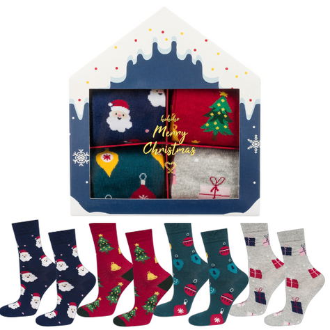 Set 4x Soxo chaussettes femmes | Maison de Noël | Cadeau pour elle | Père Noël | chaussettes joviales colorées