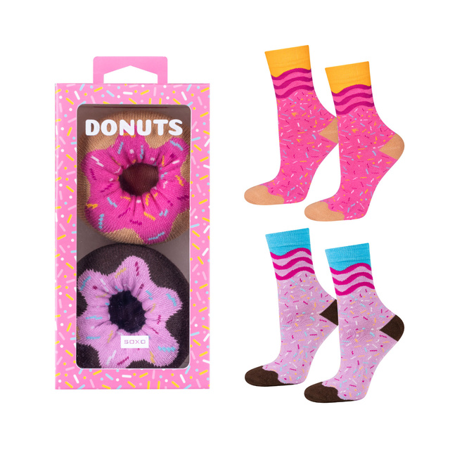Lot de 2 paires de chaussettes Soxo Donut pour femme dans une boîte | Parfait pour un cadeau | Drôle et joyeux | rose