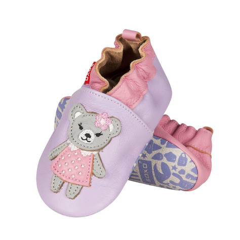 Chaussons pour bébé en cuir violet SOXO avec ours en peluche