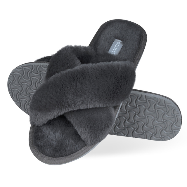 Chaussons femme SOXO fourrure graphite avec semelle dure TPR