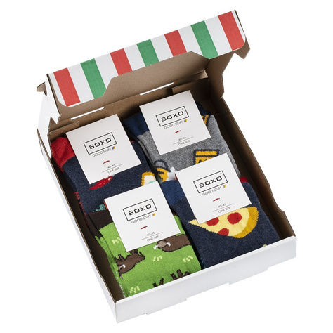 Lot de 4x chaussettes homme SOXO GOOD STUFF dans une boîte en carton | pizza | set cadeau parfait