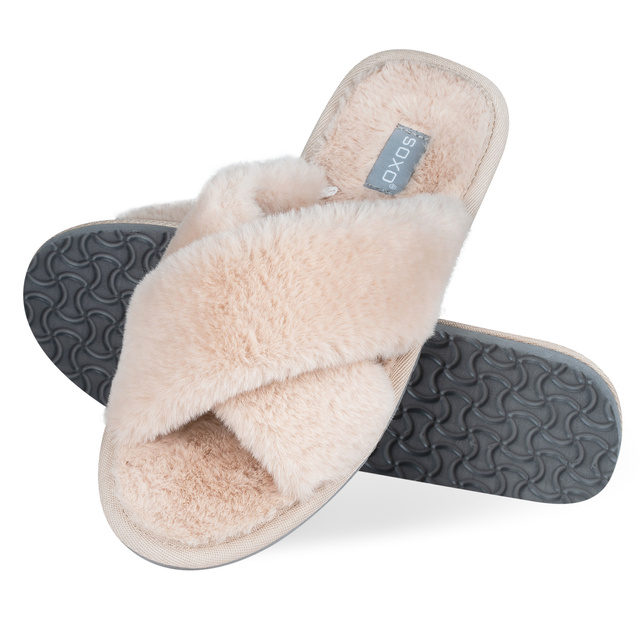 Chaussons beiges en fourrure pour femmes SOXO avec une semelle dure en TPR
