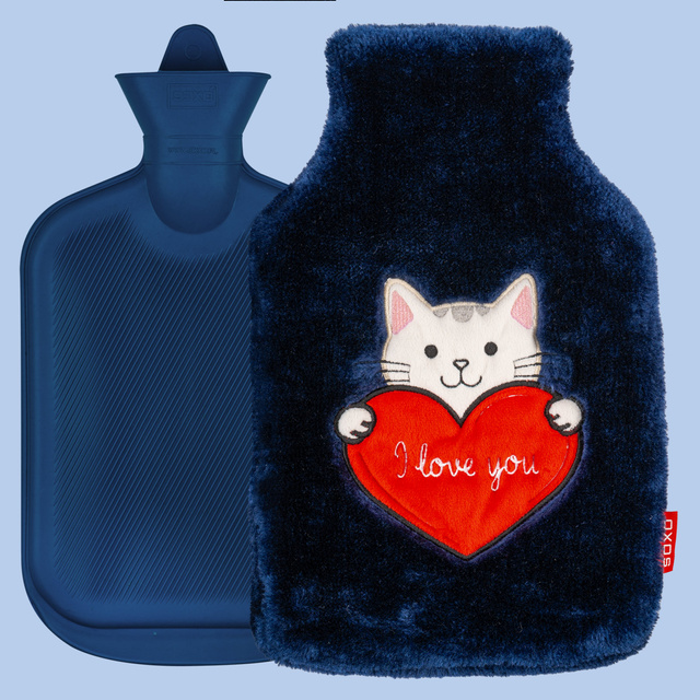 Bouillotte SOXO chaton avec coeur, bleu marine, 1,8 L