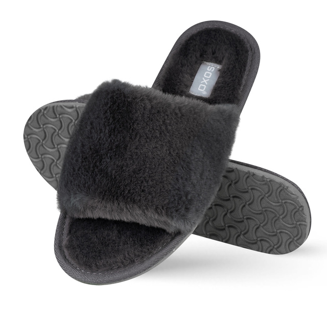 Chaussons femme SOXO fourrure graphite avec semelle dure TPR