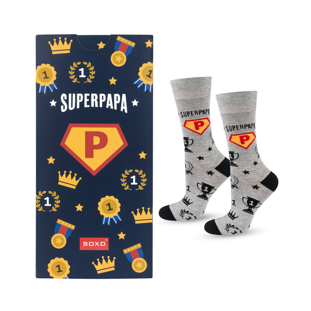 Chaussettes colorées SOXO pour homme avec l'inscription "SuperPapa" | cadeau pour la fête des pères