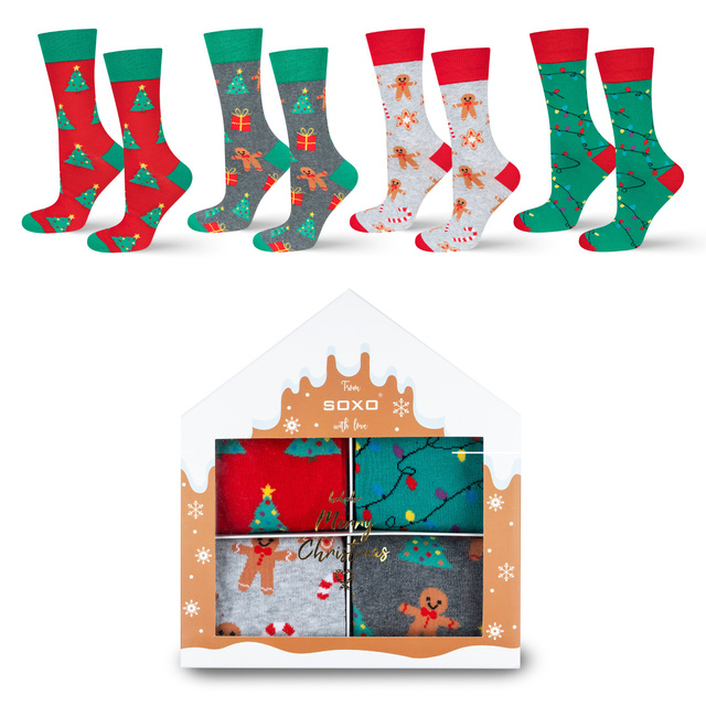 Set 4x chaussettes colorées pour hommes SOXO GOOD STUFF joyeux Noël cadeau chaussettes en coton
