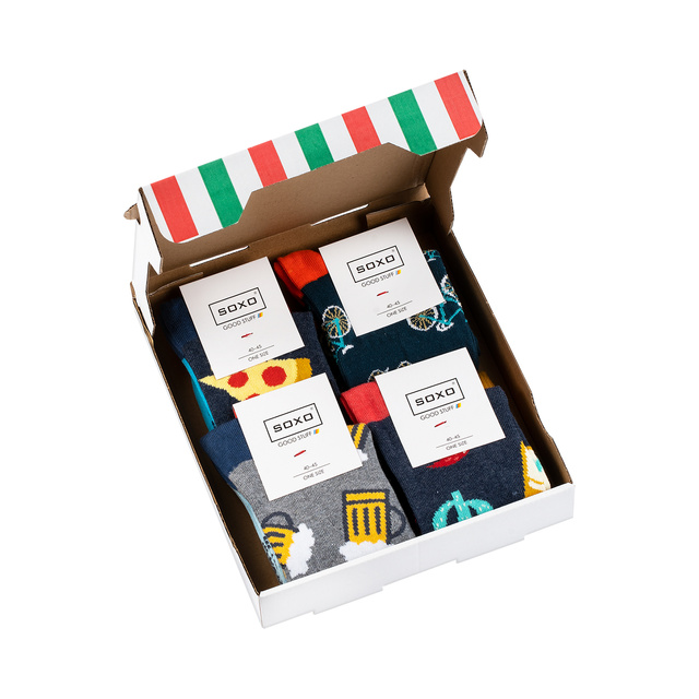 Lot de 4 chaussettes homme SOXO GOOD STUFF dans une boîte à pizza