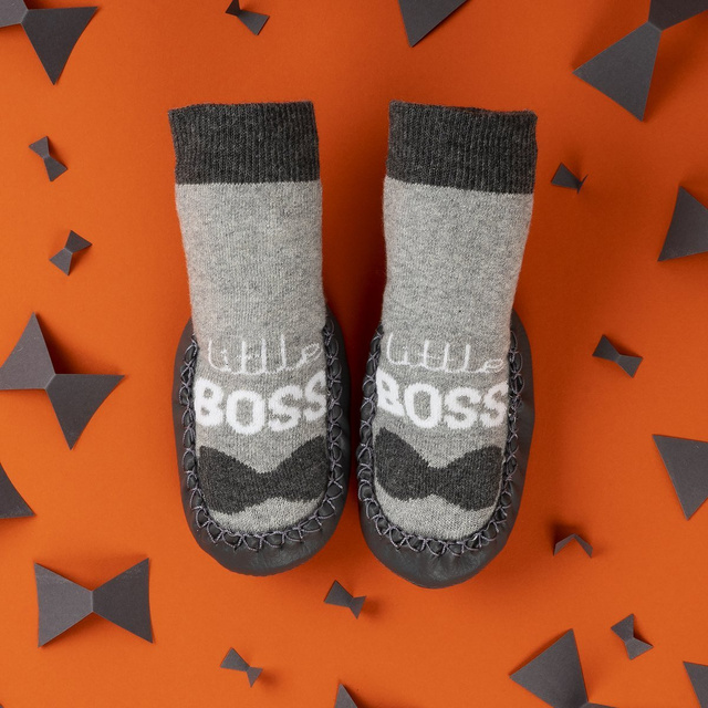 Chaussons bébé SOXO gris avec semelle cuir