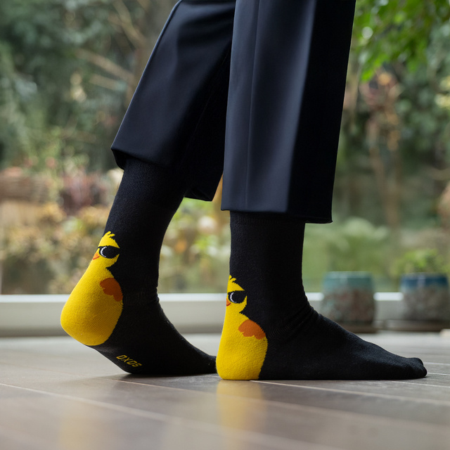 Chaussettes à motif poulet dans un emballage façon carte de vœux