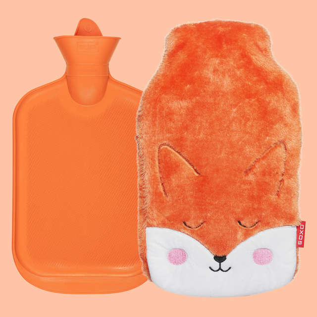 Bouillotte 1,8L chauffe SOXO orange dans une housse fourrure peluche CADEAU