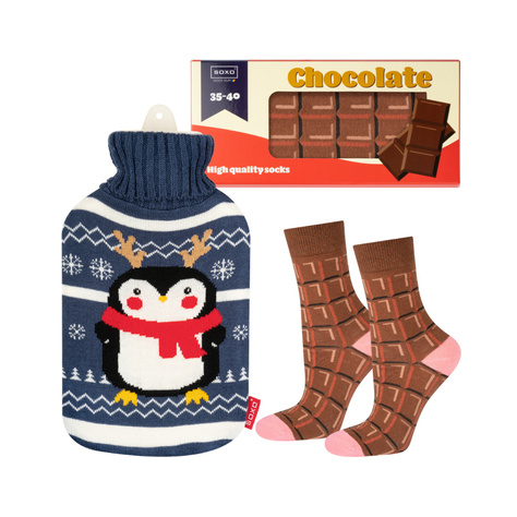 Lot de chaussettes femme SOXO tablette de chocolat et pingouin bouillotte de Noël | cadeau de Noël