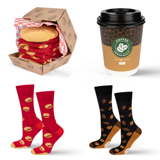 Ensemble de chaussettes, café dans une tasse et hamburger dans une boîte