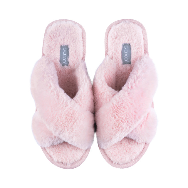 Chaussons femme SOXO roses en fourrure avec semelle dure en TPR