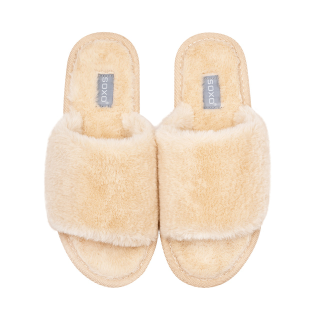 Chaussons beiges en fourrure pour femmes SOXO avec une semelle dure en TPR